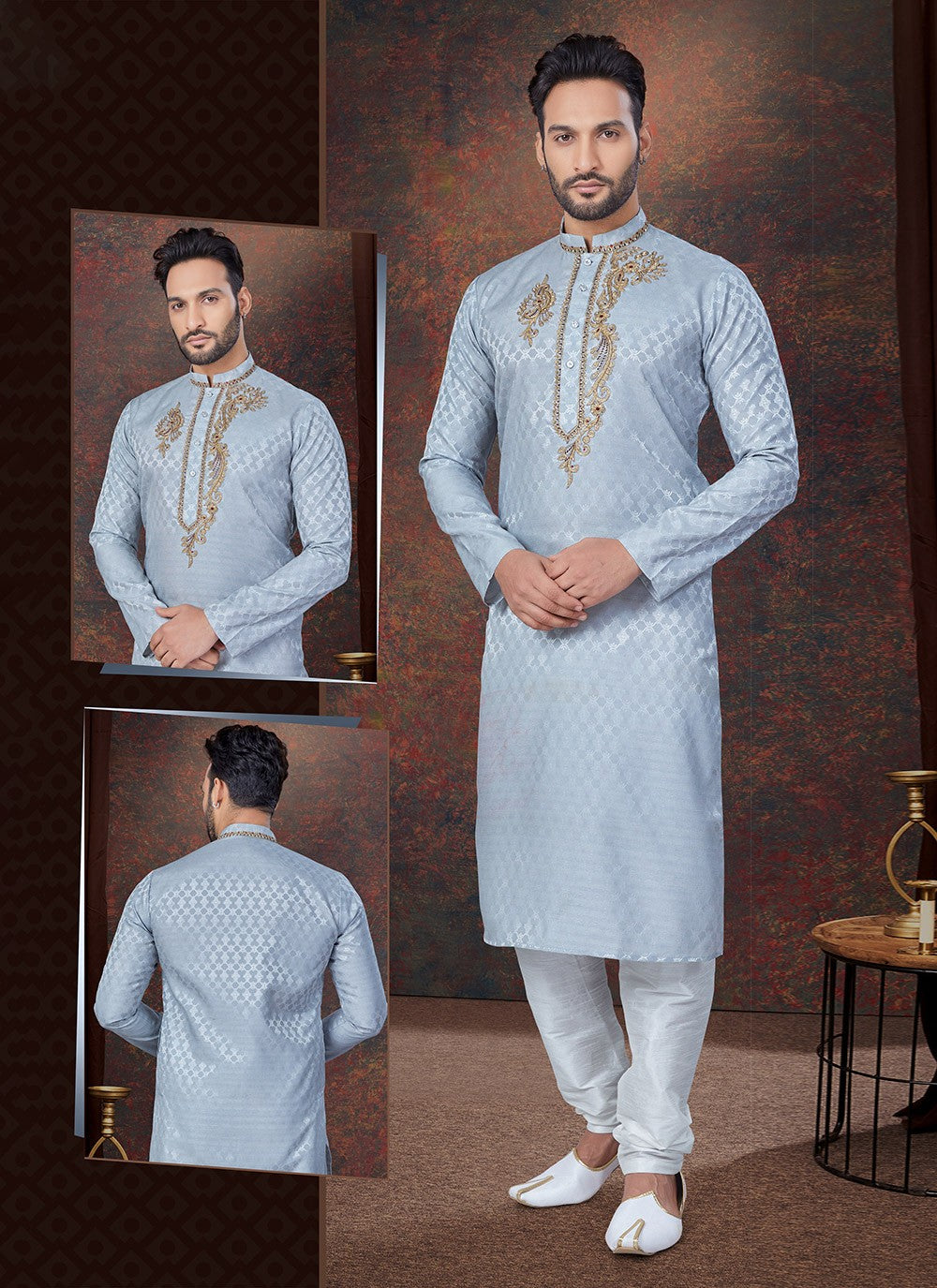 Machine Embroidery Jacquard Grey Kurta Pyjama - M7594