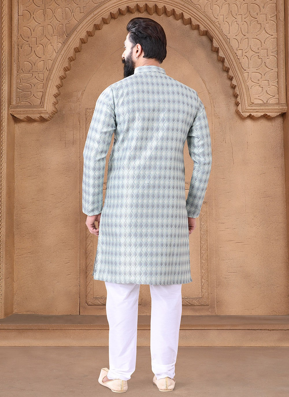 Fancy Work Jacquard Grey Kurta Pyjama - M7617