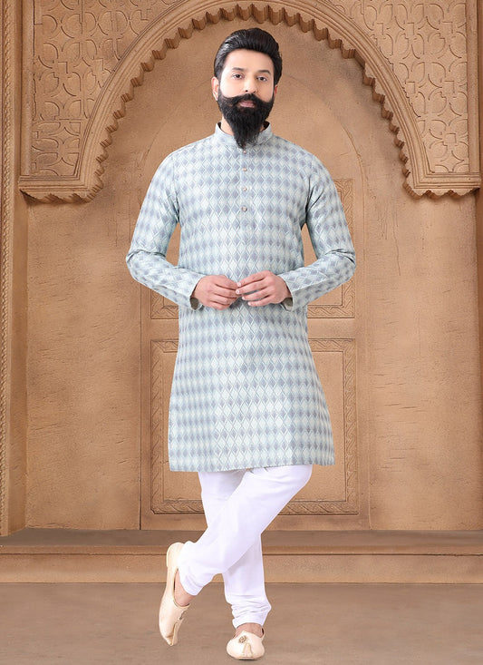 Fancy Work Jacquard Grey Kurta Pyjama - M7617