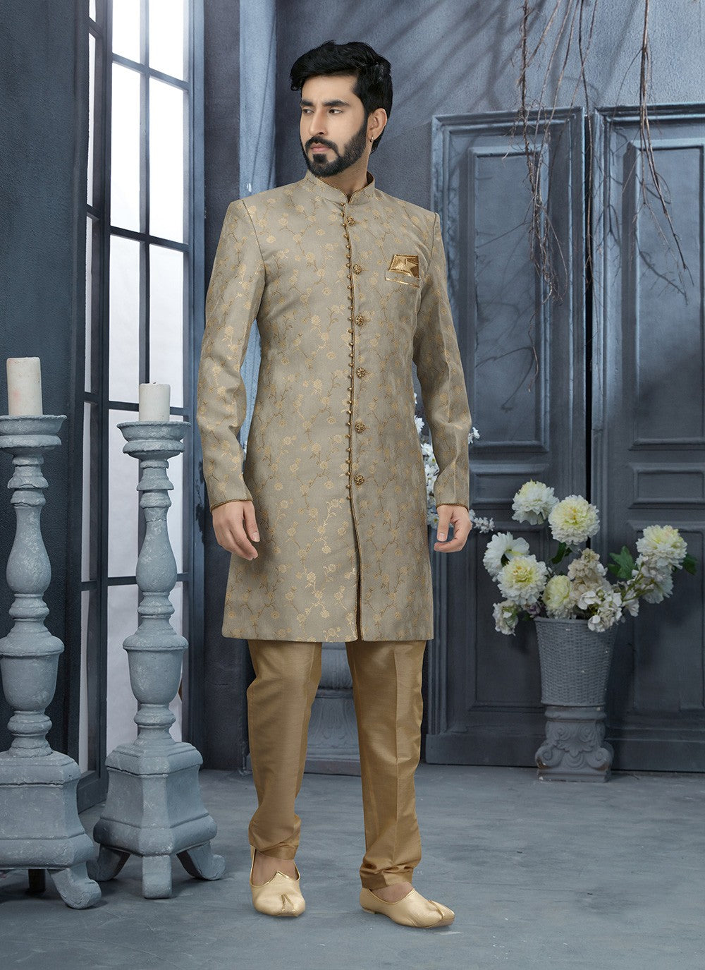 Zari Jacquard Grey Sherwani - M2908