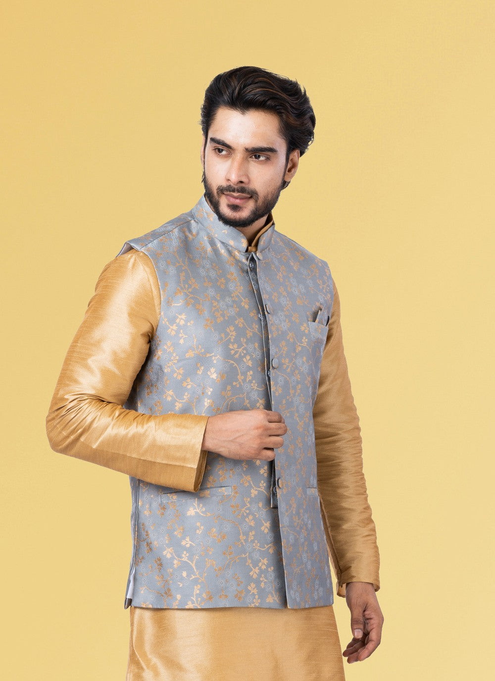 Embroidered Jacquard Silk Grey Nehru Jackets - M3845