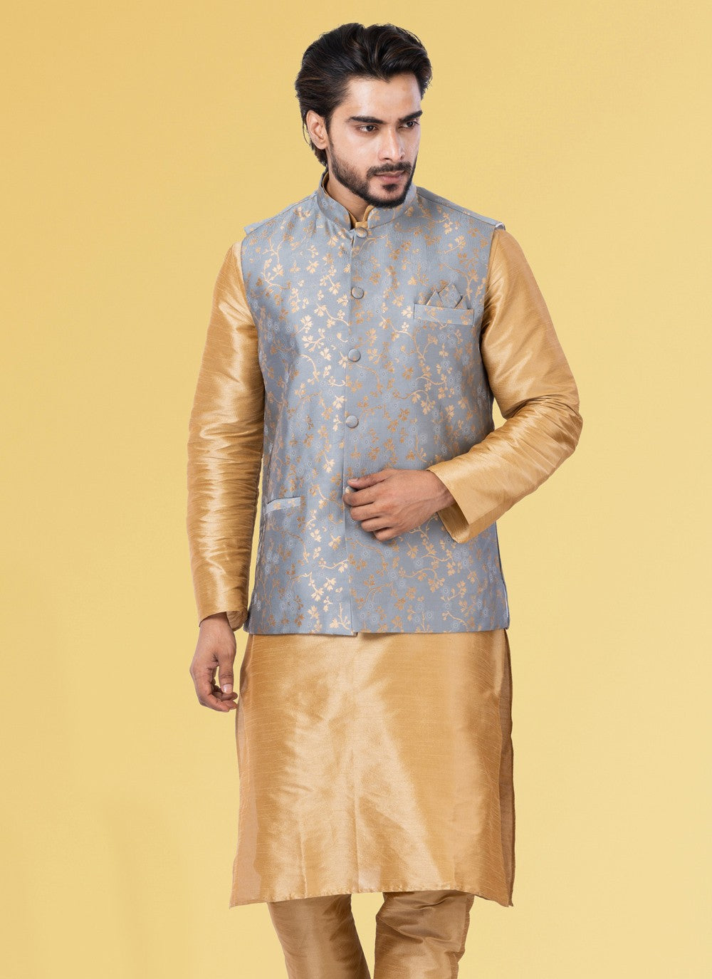 Embroidered Jacquard Silk Grey Nehru Jackets - M3845