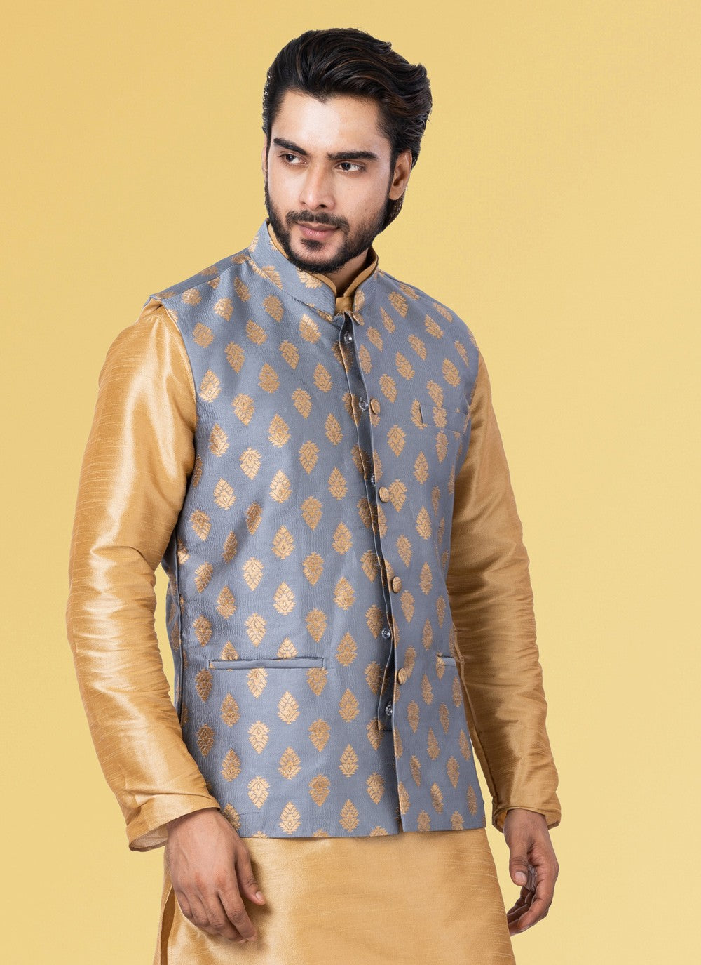 Embroidered Jacquard Silk Grey Nehru Jackets - M3839