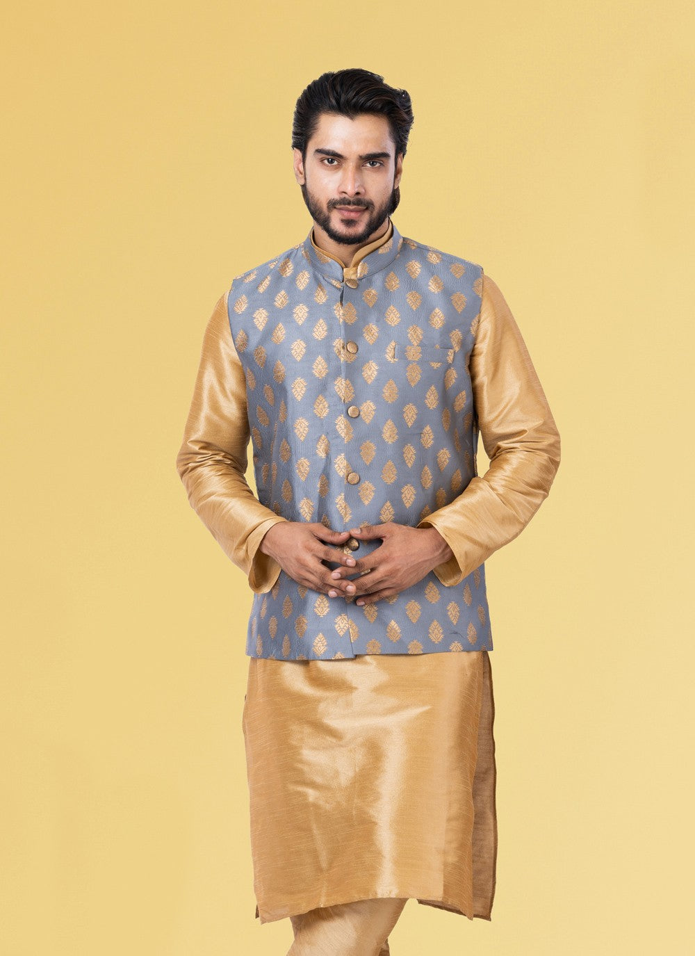 Embroidered Jacquard Silk Grey Nehru Jackets - M3839