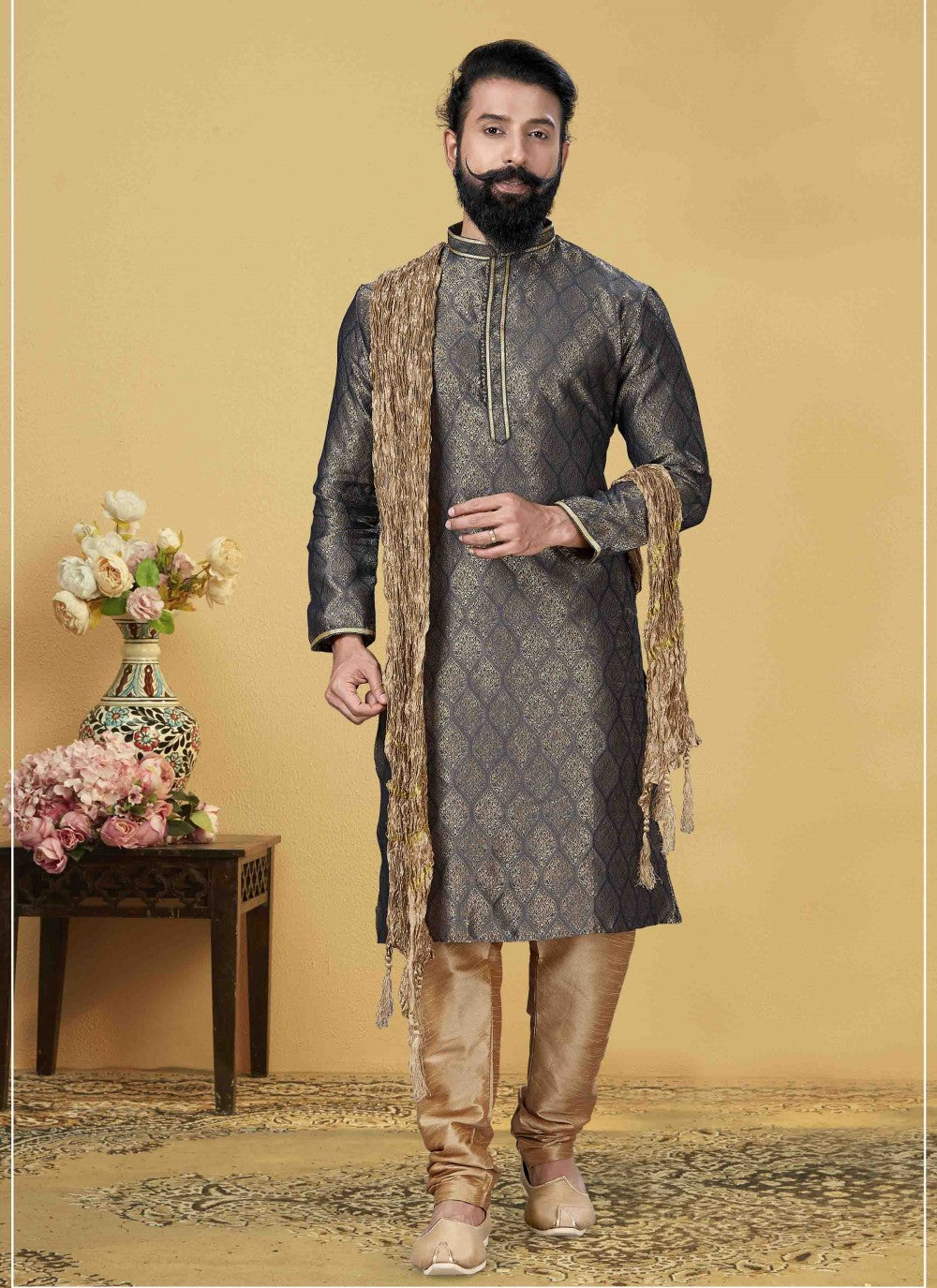 Embroidered Jacquard Silk Grey Kurta Pyjama - M1849