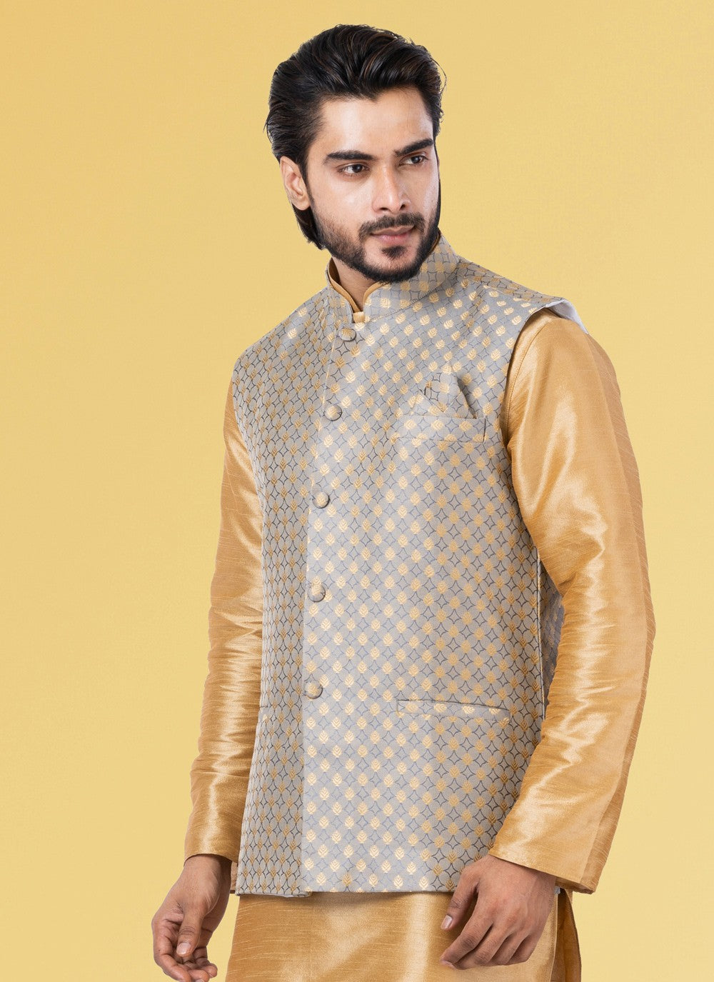 Embroidered Jacquard Silk Grey Nehru Jackets - M3842