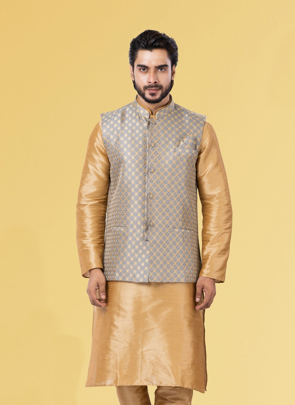 Embroidered Jacquard Silk Grey Nehru Jackets - M3842