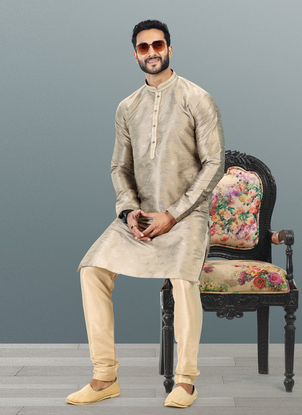 Fancy Work Banarasi Silk, Jacquard Grey Kurta Pyjama - M4831