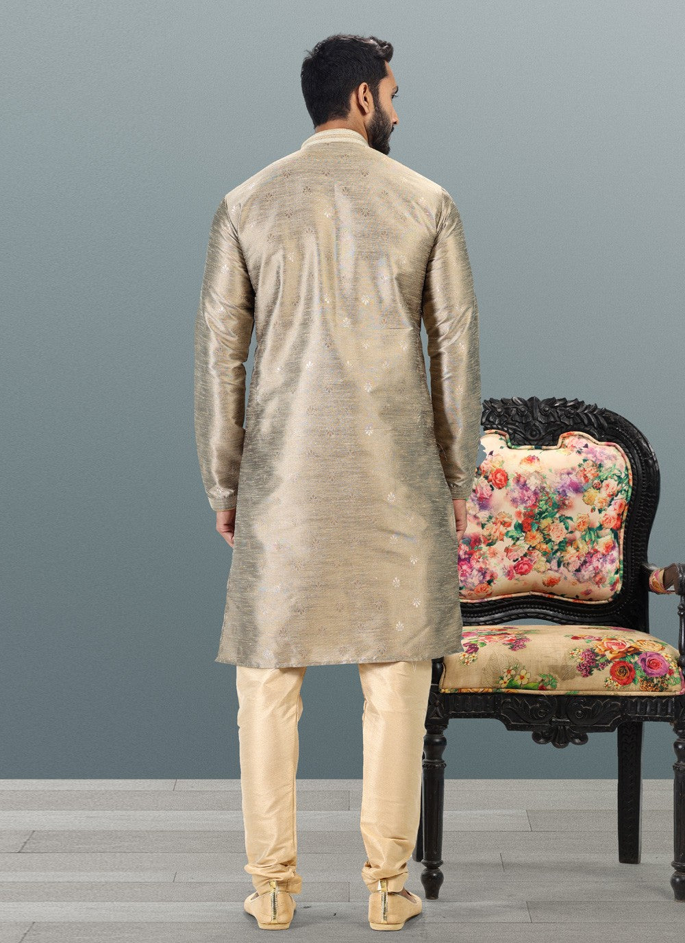 Fancy Work Banarasi Silk, Jacquard Grey Kurta Pyjama - M4831