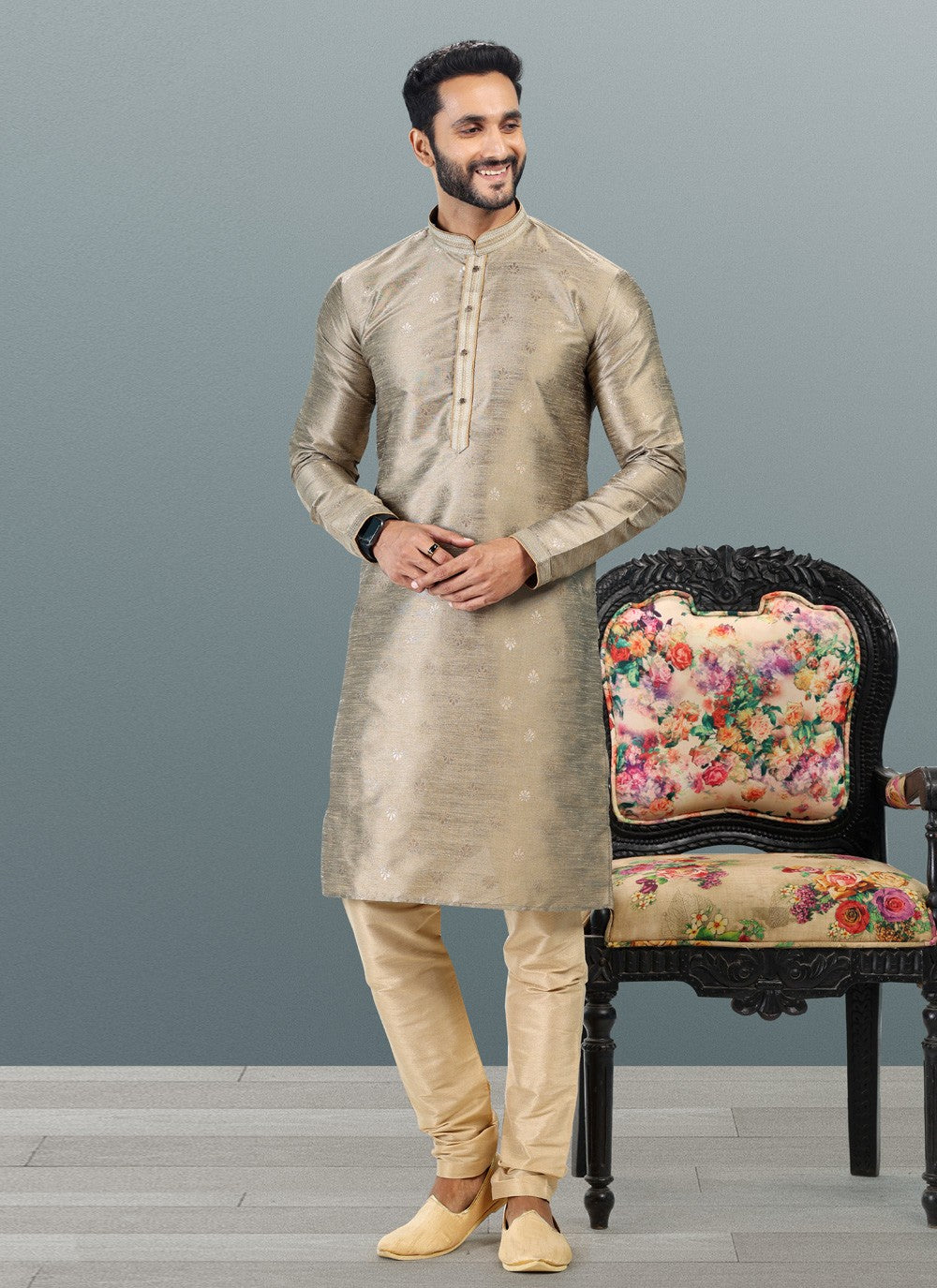 Fancy Work Banarasi Silk, Jacquard Grey Kurta Pyjama - M4831