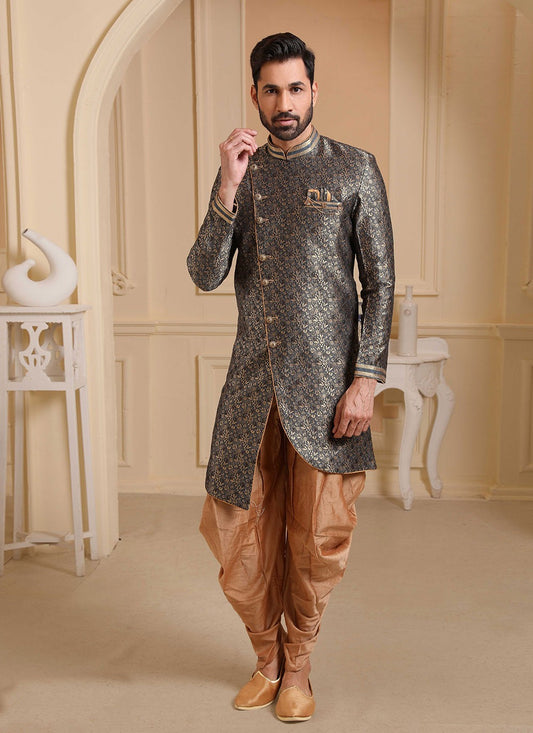 Jacquard Work Brocade, Jacquard Silk Grey Indo Western - M2537