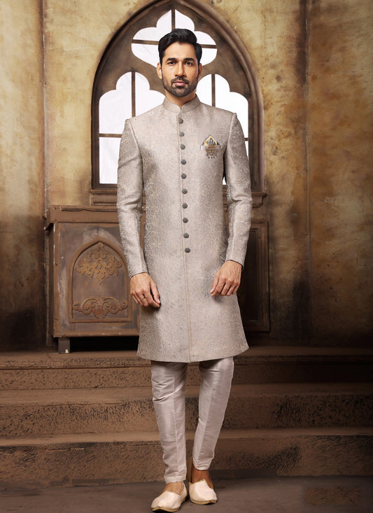 Jacquard Work Imported Grey Indo Western Sherwani - M3993