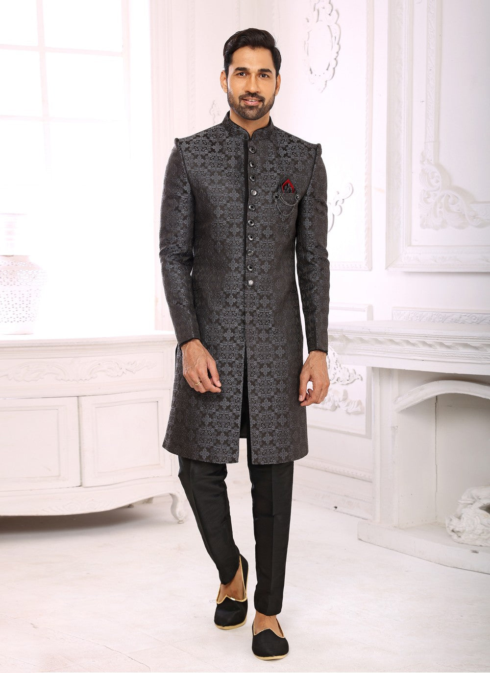 Jacquard Work Imported Grey Indo Western Sherwani - M3997