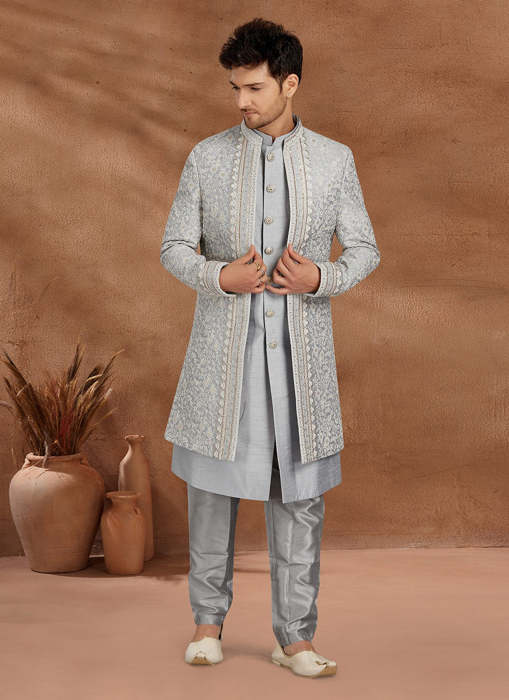 Fancy Work Lucknowi Grey Indo Western Sherwani - M2779