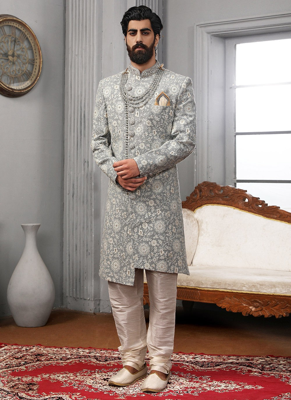 Embroidered Lucknowi Grey Sherwani - M3326