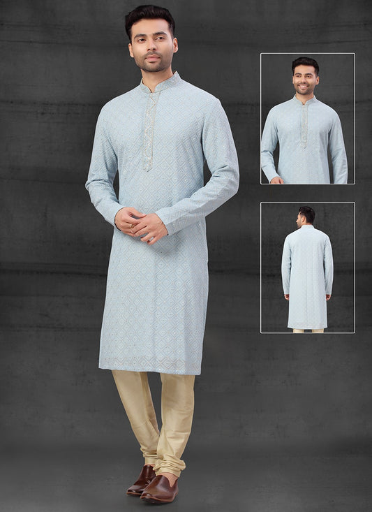 Embroidered Lucknowi Grey Kurta Pyjama - M4110