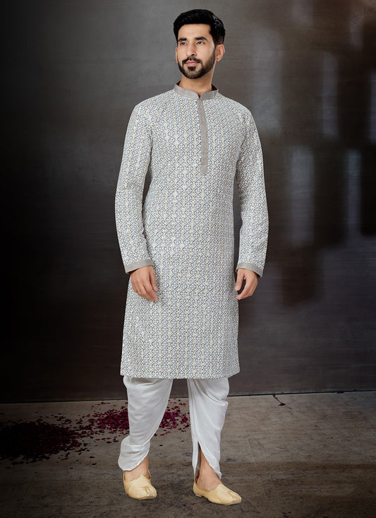 Lucknowi Work Fancy Fabric Grey Dhoti Kurta - M4789