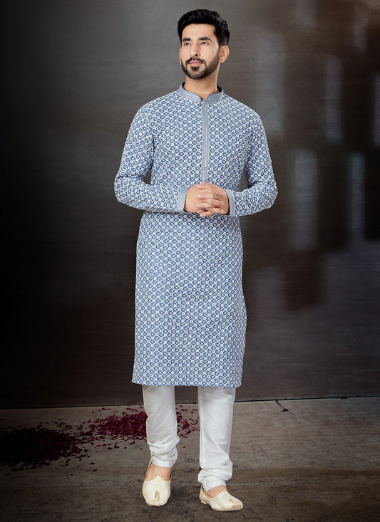 Lucknowi Work Fancy Fabric Grey Kurta Pyjama - M4778