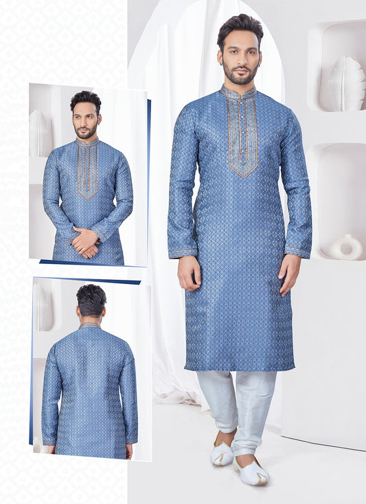 Machine Embroidery Jacquard Grey Kurta Pyjama - M7561