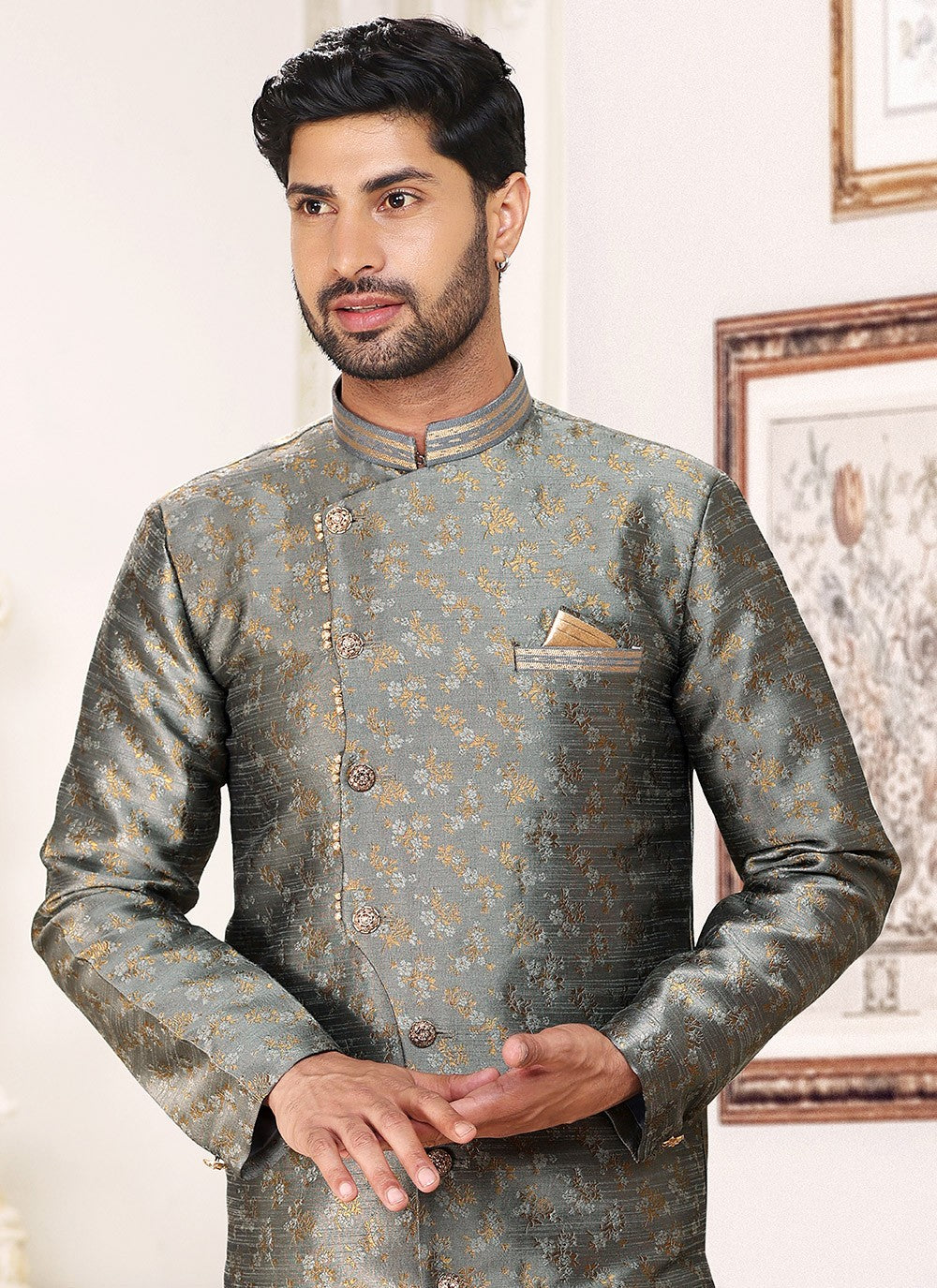 Jacquard Work Banarasi Jacquard Grey Indo Western - M5285