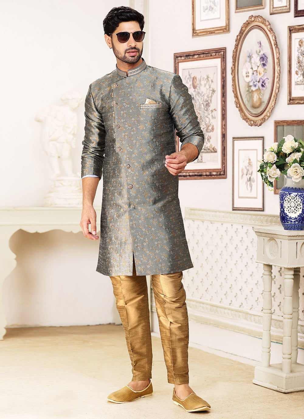 Jacquard Work Banarasi Jacquard Grey Indo Western - M5285