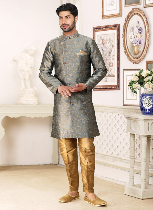 Jacquard Work Banarasi Jacquard Grey Indo Western - M5285