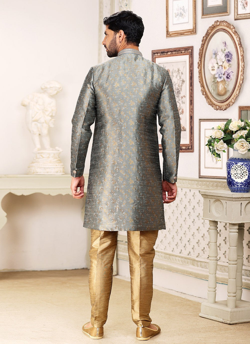 Jacquard Work Banarasi Jacquard Grey Indo Western - M5285