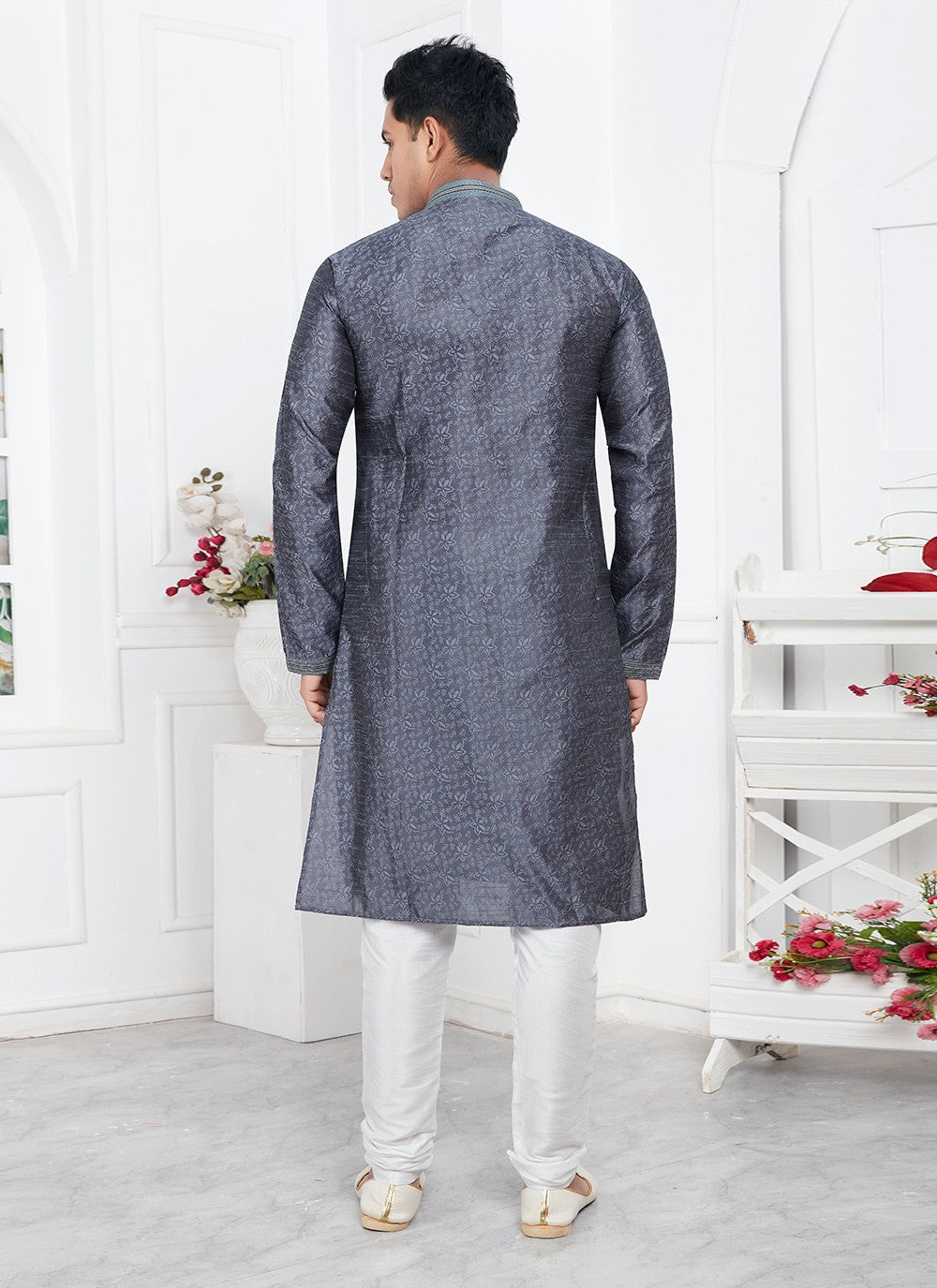 Pintex Brocade, Jacquard Silk Grey Kurta Pyjama - M7766