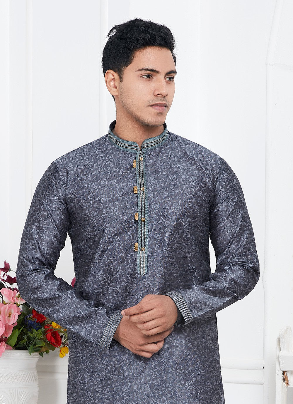 Pintex Brocade, Jacquard Silk Grey Kurta Pyjama - M7766