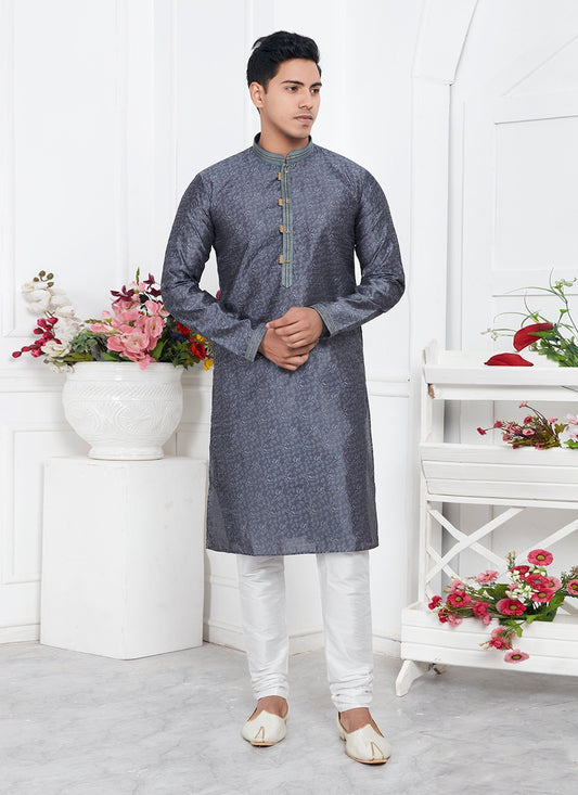 Pintex Brocade, Jacquard Silk Grey Kurta Pyjama - M7766