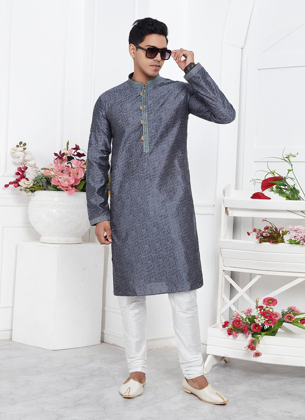 Pintex Brocade, Jacquard Silk Grey Kurta Pyjama - M7766