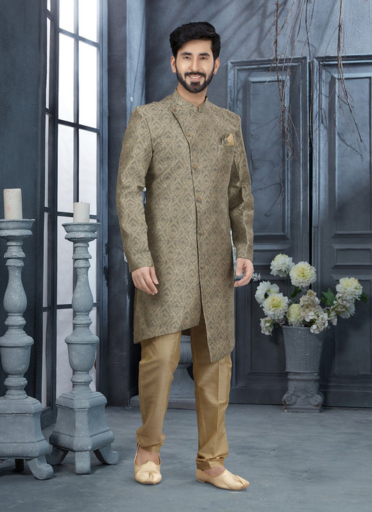 Digital Print Jacquard Grey Indo Western Sherwani - M2872