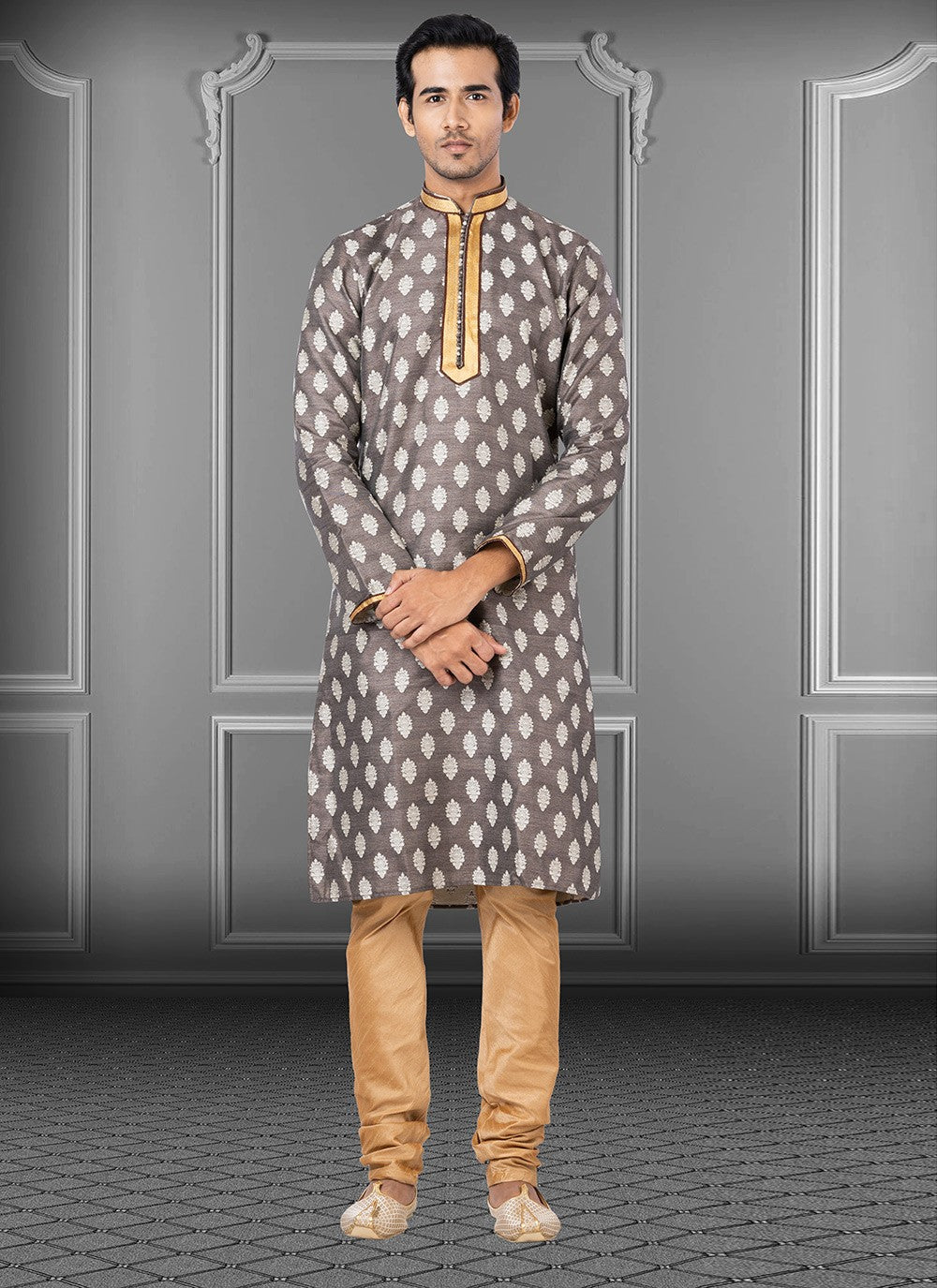 Fancy Work Jacquard Grey Kurta Pyjama - M3660