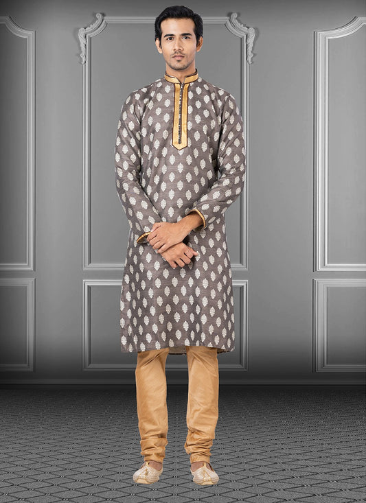 Fancy Work Jacquard Grey Kurta Pyjama - M3660