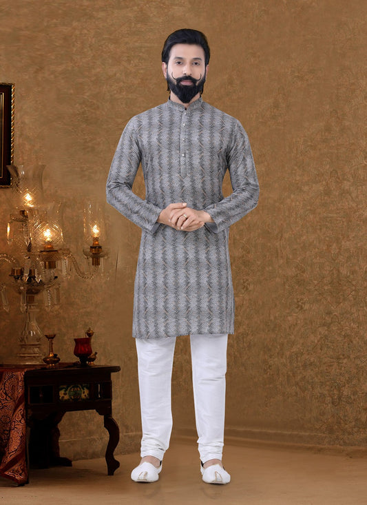 Digital Print Cotton Grey Kurta Pyjama - M3946