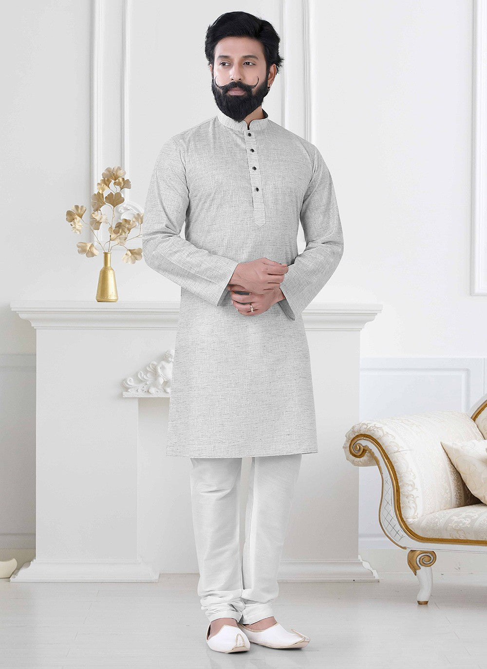 Printed Linen Grey Kurta Pyjama - M4174