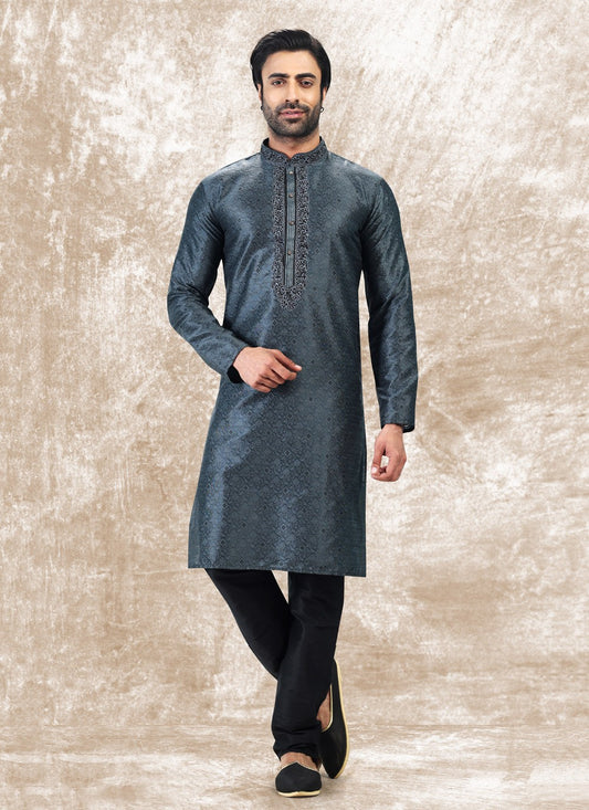 Fancy Work Brocade, Jacquard Silk Grey Kurta Pyjama - M4860