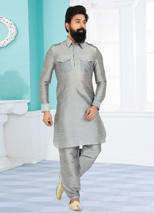 Plain Dupion Silk Grey Kurta Pyjama - M5023