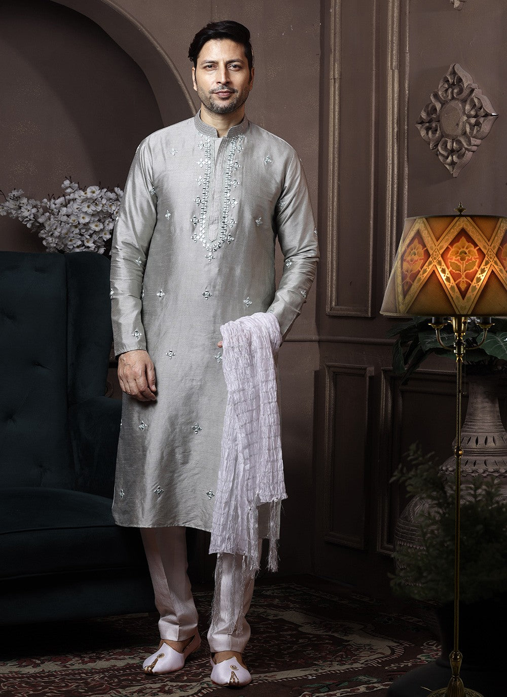 Embroidered Silk Grey Kurta Pyjama - M3638