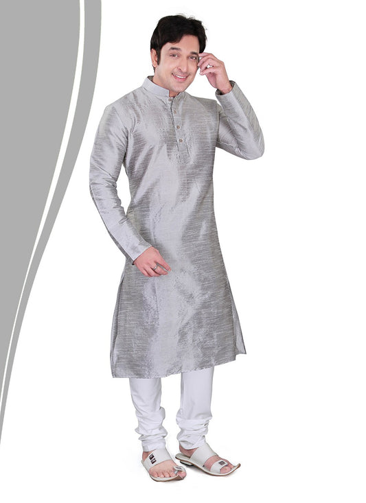 Plain Dupion Silk Grey Kurta Pyjama - M2152