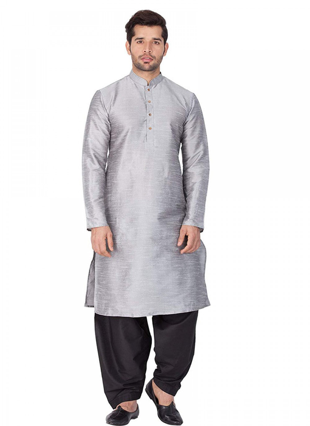 Plain Art Dupion Silk Grey Kurta Pyjama - M1182