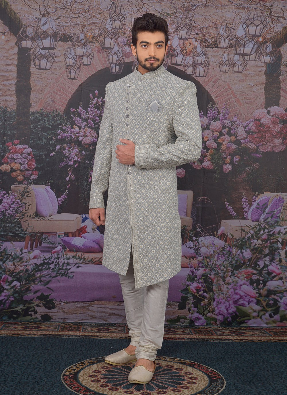 Embroidered Georgette, Lucknowi Grey Sherwani - M3301