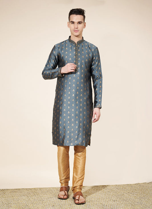 Pintex Jacquard Grey Kurta Pyjama - M8041