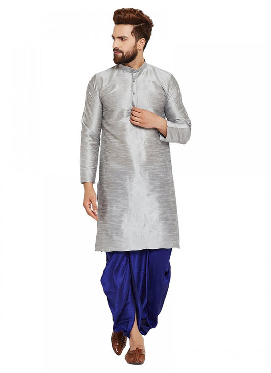 Plain Art Dupion Silk Grey Dhoti Kurta - M1140