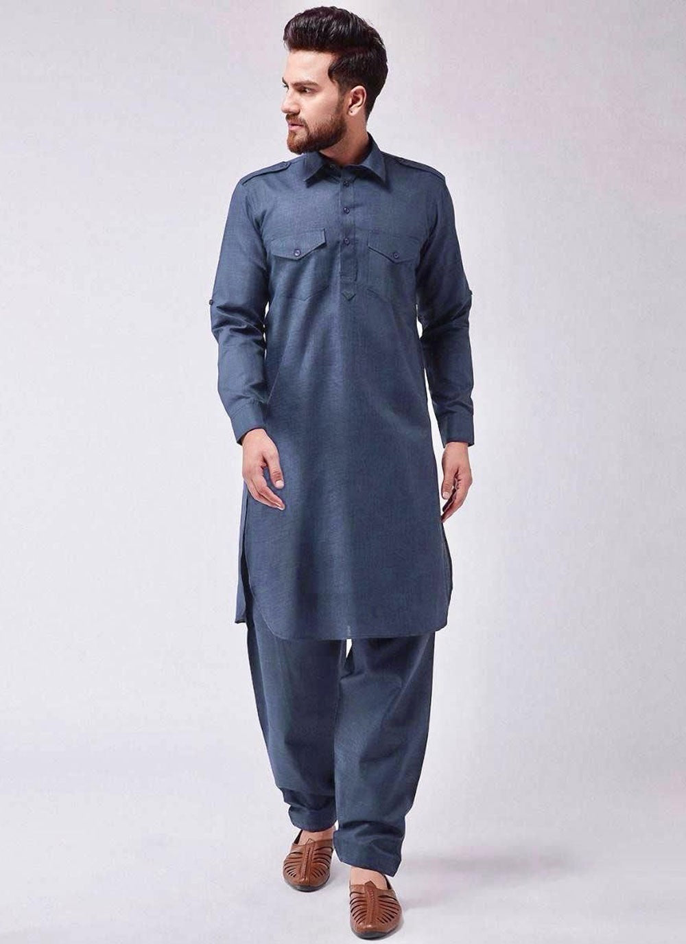 Plain Cotton Grey Kurta Pyjama - M6875