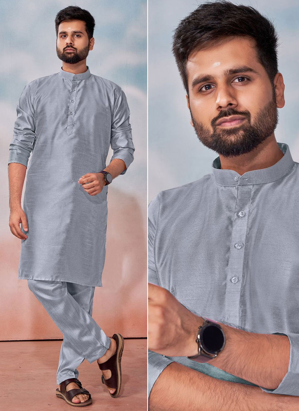 Plain Banglori Silk Grey Kurta Pyjama - M8238