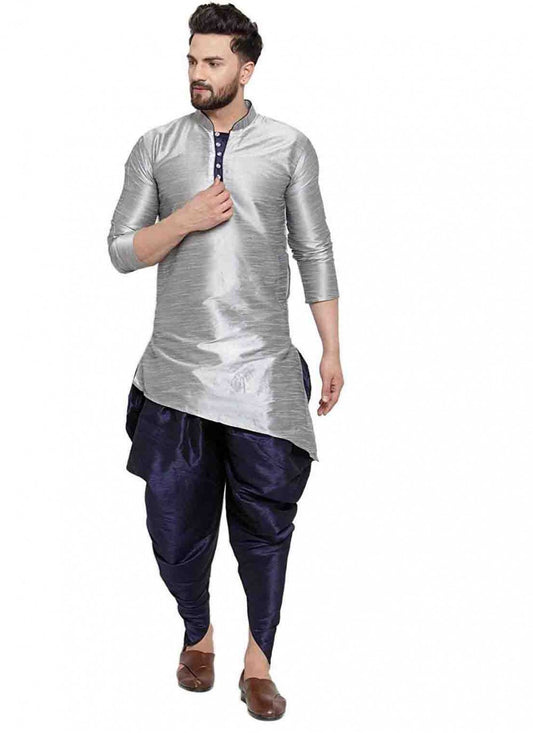 Plain Art Dupion Silk Grey Dhoti Kurta - M1550