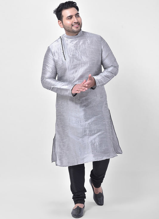 Plain Dupion Silk Grey Kurta Pyjama - M2658