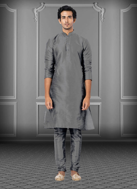 Plain Dupion Silk Grey Kurta Pyjama - M3675