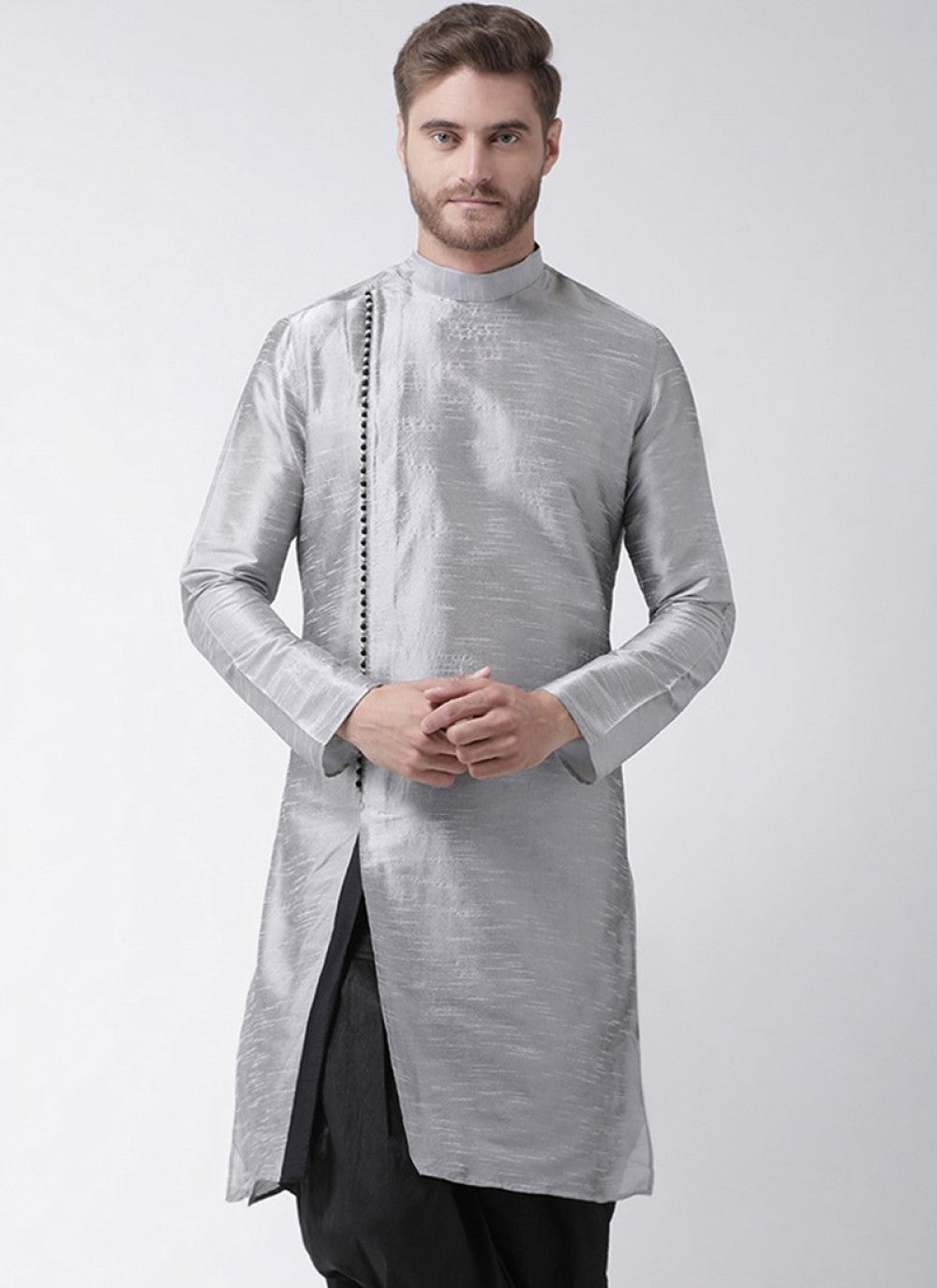 Plain Art Dupion Silk Grey Kurta - M1333